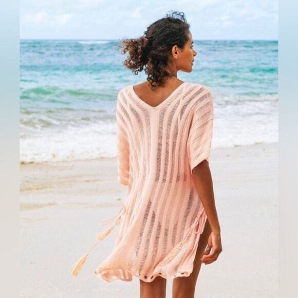 Cupshe NWOT Pink Knit Stripe V-Neck Crochet Pullover Swim Coverup One Size - Picture 2 of 8